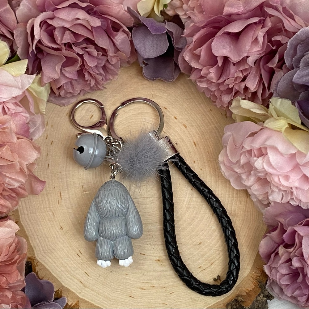 Gray Bunny Charm Keychain with Wristlet Strap - Picture 9 of 13